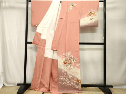 平和屋着物■訪問着　扇面枝花文　御所車文　暈し染め　金彩　正絹　逸品　CABJ3094ev