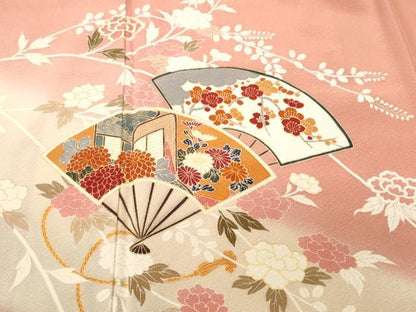 平和屋着物■訪問着　扇面枝花文　御所車文　暈し染め　金彩　正絹　逸品　CABJ3094ev