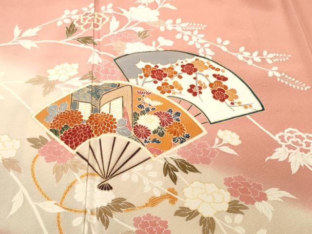 平和屋着物■訪問着　扇面枝花文　御所車文　暈し染め　金彩　正絹　逸品　CABJ3094ev
