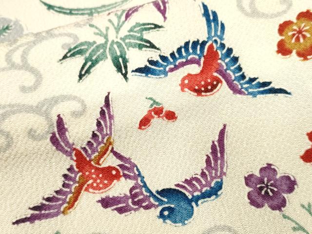 平和屋着物■上質な小紋　型染め　遠山鳳凰花鳥文　舞蝶文　鬼しぼ縮緬　正絹　逸品　CABJ3099ev