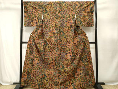 平和屋着物■上質な小紋　紬地　切嵌更紗枝花文　やまと誂製　正絹　逸品　CABJ3107ev