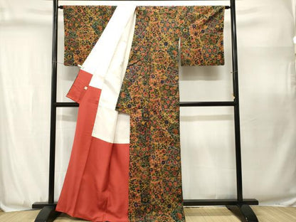 平和屋着物■上質な小紋　紬地　切嵌更紗枝花文　やまと誂製　正絹　逸品　CABJ3107ev
