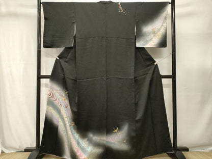 平和屋着物■訪問着　飛鶴文　暈し染め　黒地　金銀彩　正絹　逸品　CABJ3142ev