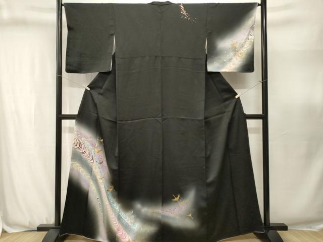 平和屋着物■訪問着　飛鶴文　暈し染め　黒地　金銀彩　正絹　逸品　CABJ3142ev