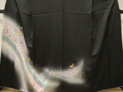平和屋着物■訪問着　飛鶴文　暈し染め　黒地　金銀彩　正絹　逸品　CABJ3142ev