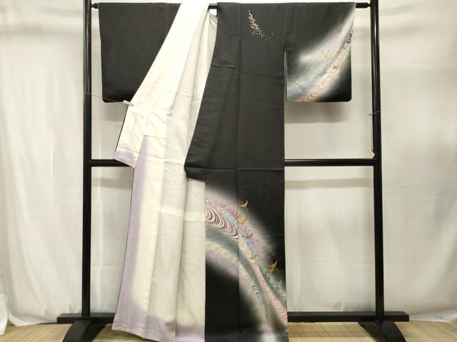 平和屋着物■訪問着　飛鶴文　暈し染め　黒地　金銀彩　正絹　逸品　CABJ3142ev