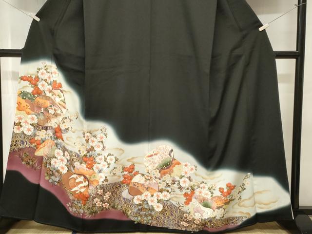 平和屋着物■豪華黒留袖　人物貝合せ飛鶴草花文　暈し染め　金彩　正絹　逸品　CABJ3157ev