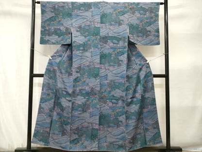 平和屋着物■上質な小紋　風景文　鬼しぼ縮緬　正絹　逸品　CABJ3184ev