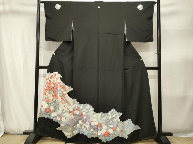 平和屋着物■豪華黒留袖　尾長鳥流水枝花文　暈し染め　正絹　逸品　CABJ3197ev