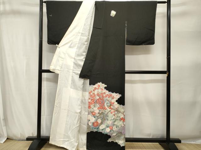 平和屋着物■豪華黒留袖　尾長鳥流水枝花文　暈し染め　正絹　逸品　CABJ3197ev
