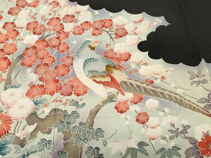 平和屋着物■豪華黒留袖　尾長鳥流水枝花文　暈し染め　正絹　逸品　CABJ3197ev