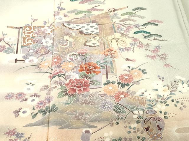 平和屋着物■訪問着　松竹梅　几帳宝尽くし花文　暈し染め　金銀彩　反端付き　正絹　逸品　CABJ3228ev