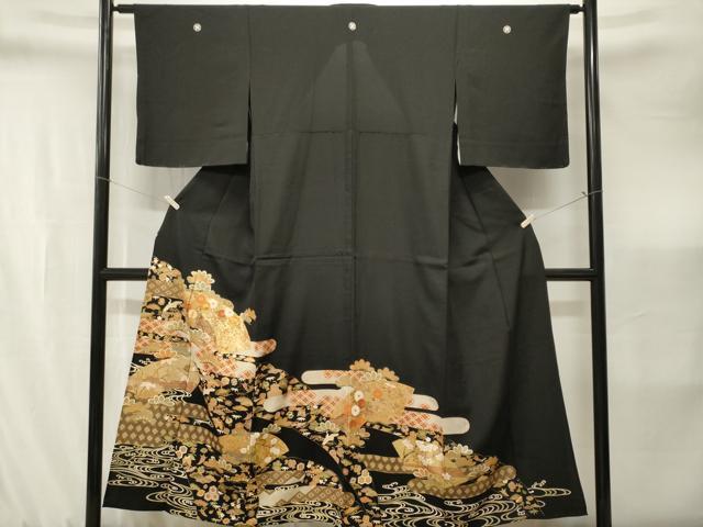平和屋着物■豪華黒留袖　駒刺繍　地紙宝尽くし飛鶴花文　金彩　胴抜き仕立て　正絹　逸品　CABJ3229ev