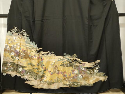 平和屋着物■豪華黒留袖　駒刺繍　人物御所解文　金彩　正絹　逸品　CABJ3231ev