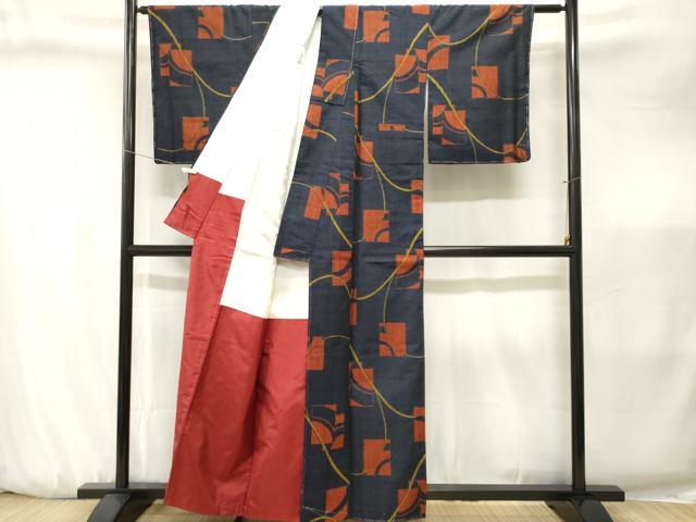 平和屋着物■上質な紬　色紙重ね幾何学文　正絹　逸品　CABJ3237ev