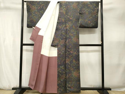 平和屋着物■上質な小紋　休み鳥草花文　葡萄蔦の葉文　正絹　逸品　CABJ3238ev