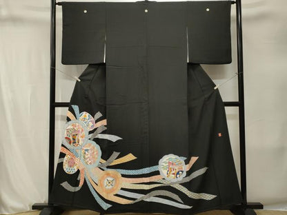 平和屋着物■豪華黒留袖　作家物　束ね熨斗絵皿御所車花文　正絹　逸品　CABJ3263ev