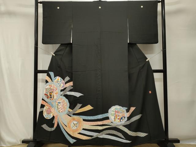 平和屋着物■豪華黒留袖　作家物　束ね熨斗絵皿御所車花文　正絹　逸品　CABJ3263ev
