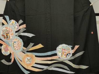 平和屋着物■豪華黒留袖　作家物　束ね熨斗絵皿御所車花文　正絹　逸品　CABJ3263ev
