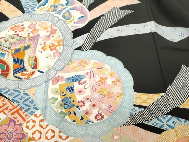 平和屋着物■豪華黒留袖　作家物　束ね熨斗絵皿御所車花文　正絹　逸品　CABJ3263ev