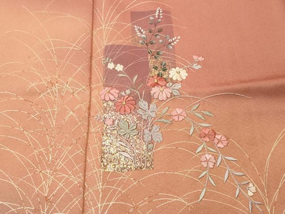 平和屋着物■訪問着　刺繍　芒草花文　暈し染め　金銀彩　正絹　逸品　CABJ3265ev