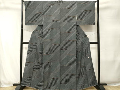 平和屋着物■上質な小紋　作家物　幾何学斜線文　黒地　正絹　逸品　CABJ3275ev