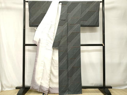平和屋着物■上質な小紋　作家物　幾何学斜線文　黒地　正絹　逸品　CABJ3275ev