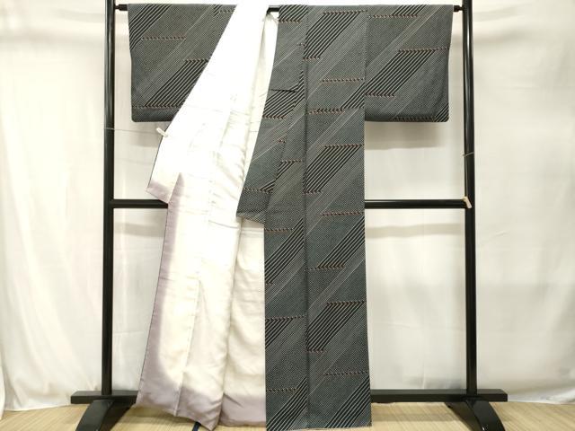 平和屋着物■上質な小紋　作家物　幾何学斜線文　黒地　正絹　逸品　CABJ3275ev
