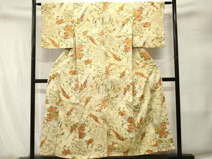 平和屋着物■上質な小紋　鳳凰流水草花文　金彩　鬼しぼ縮緬　正絹　逸品　CABJ3276ev