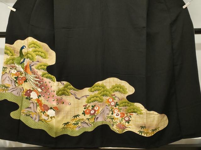 平和屋着物■豪華黒留袖　刺繍　孔雀笹松花文　暈し染め　金彩　正絹　逸品　CABJ3295ev