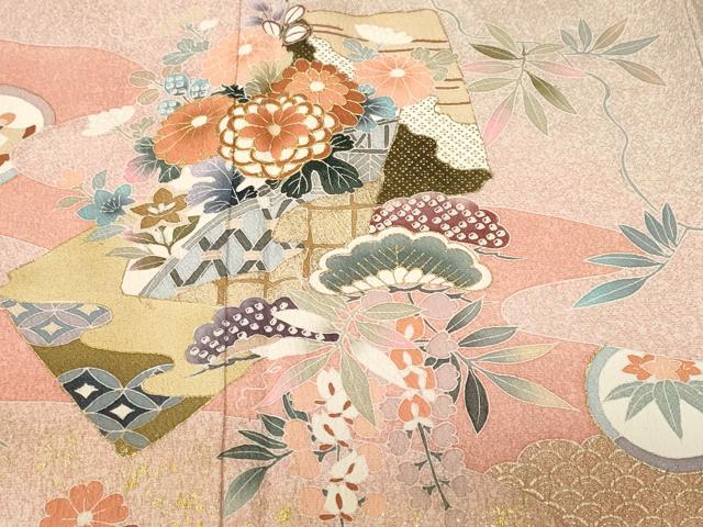 平和屋着物■訪問着　破れ色紙松草花文　暈し染め　金彩　正絹　逸品　CABJ3324ev