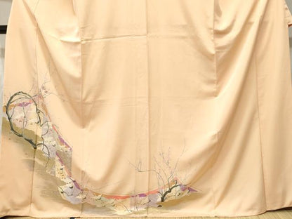 平和屋着物■訪問着　刺繍　枝梅流水飛鶴文　暈し染め　金銀彩　正絹　逸品　CABJ3337ev