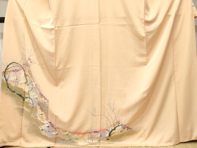 平和屋着物■訪問着　刺繍　枝梅流水飛鶴文　暈し染め　金銀彩　正絹　逸品　CABJ3337ev