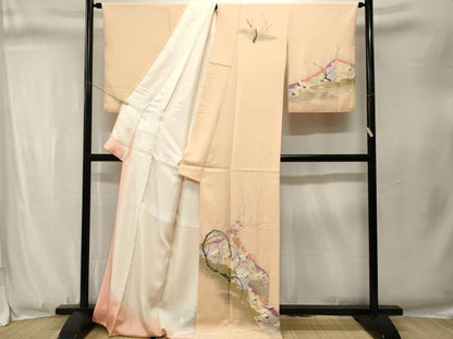 平和屋着物■訪問着　刺繍　枝梅流水飛鶴文　暈し染め　金銀彩　正絹　逸品　CABJ3337ev