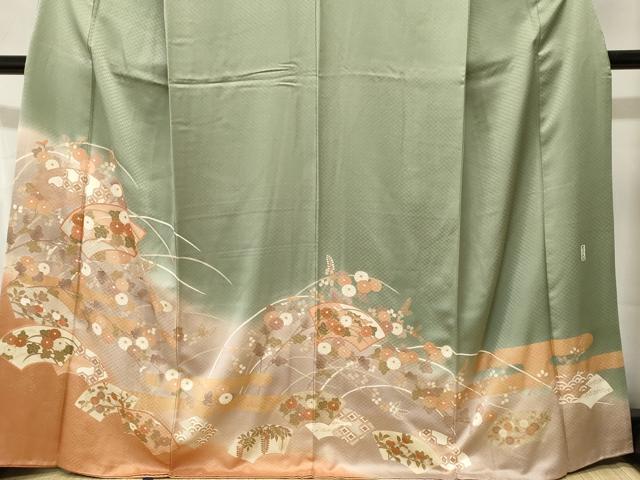 平和屋着物■訪問着　草木友禅　地紙重ねエ霞草花文　暈し染め　金彩　正絹　逸品　CABJ3340ev