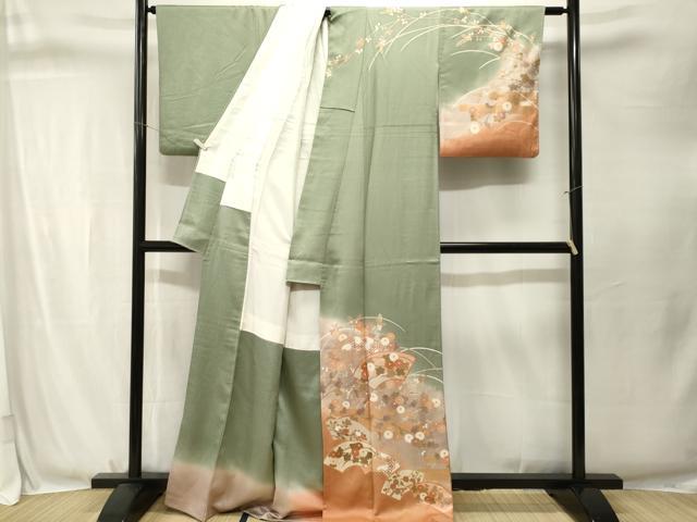 平和屋着物■訪問着　草木友禅　地紙重ねエ霞草花文　暈し染め　金彩　正絹　逸品　CABJ3340ev