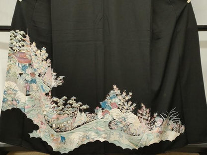 平和屋着物■豪華黒留袖　駒刺繍　鴛鴦御所解文　金彩　正絹　逸品　CABJ3345ev