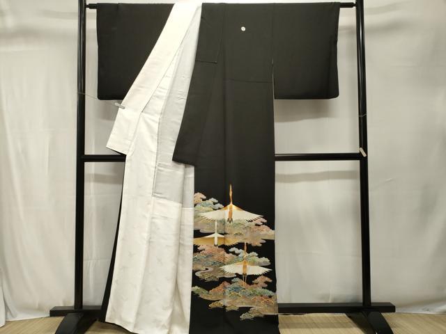 平和屋着物■豪華黒留袖　作家物　駒刺繍　飛鶴松文　正絹　逸品　CABJ3353ev