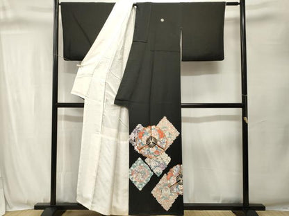 平和屋着物■豪華黒留袖　駒刺繍　扇面双鶴菱文　正絹　逸品　CABJ3355ev