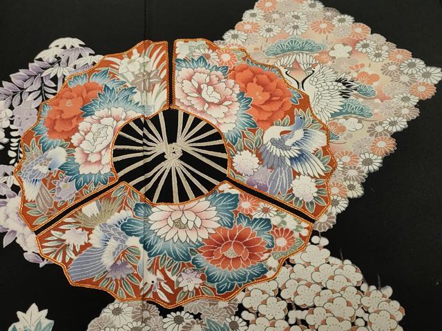 平和屋着物■豪華黒留袖　駒刺繍　扇面双鶴菱文　正絹　逸品　CABJ3355ev