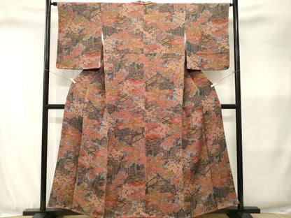 平和屋着物■上質な小紋　屏風草花文　金彩　鬼しぼ縮緬　正絹　逸品　CABJ3367ev