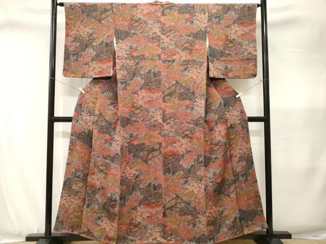 平和屋着物■上質な小紋　屏風草花文　金彩　鬼しぼ縮緬　正絹　逸品　CABJ3367ev