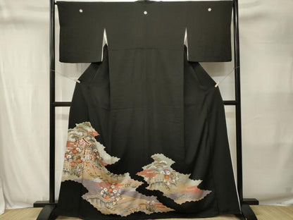 平和屋着物■豪華黒留袖　駒刺繍　松竹梅流水御所車花文　金彩　正絹　逸品　CABJ3404ev