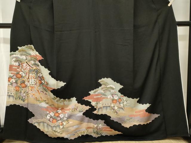 平和屋着物■豪華黒留袖　駒刺繍　松竹梅流水御所車花文　金彩　正絹　逸品　CABJ3404ev