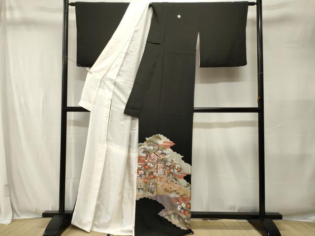 平和屋着物■豪華黒留袖　駒刺繍　松竹梅流水御所車花文　金彩　正絹　逸品　CABJ3404ev