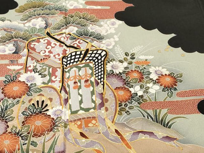 平和屋着物■豪華黒留袖　駒刺繍　松竹梅流水御所車花文　金彩　正絹　逸品　CABJ3404ev