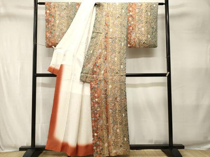 平和屋着物■上質な小紋　絞り　扇面鼓花蝶間道　暈し染め　金彩　正絹　逸品　CABJ3407ev
