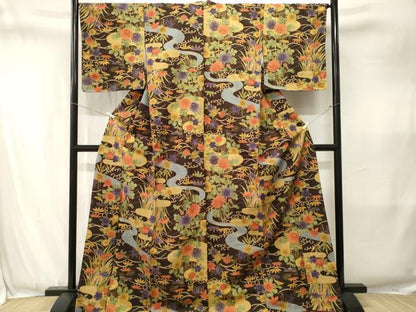 平和屋着物■上質な小紋　紬地　立波草花文　正絹　逸品　CABJ3416ev