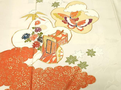 平和屋着物■訪問着　駒刺繍　御所車舞蝶文　暈し染め　金彩　正絹　逸品　CABJ3440ev