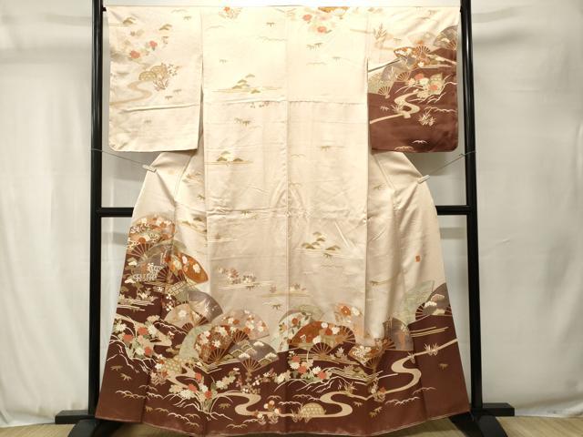 平和屋着物■訪問着 作家物 駒刺繍 松竹梅扇面花文 暈し染め 金彩 正絹 逸品 CABJ3532ev